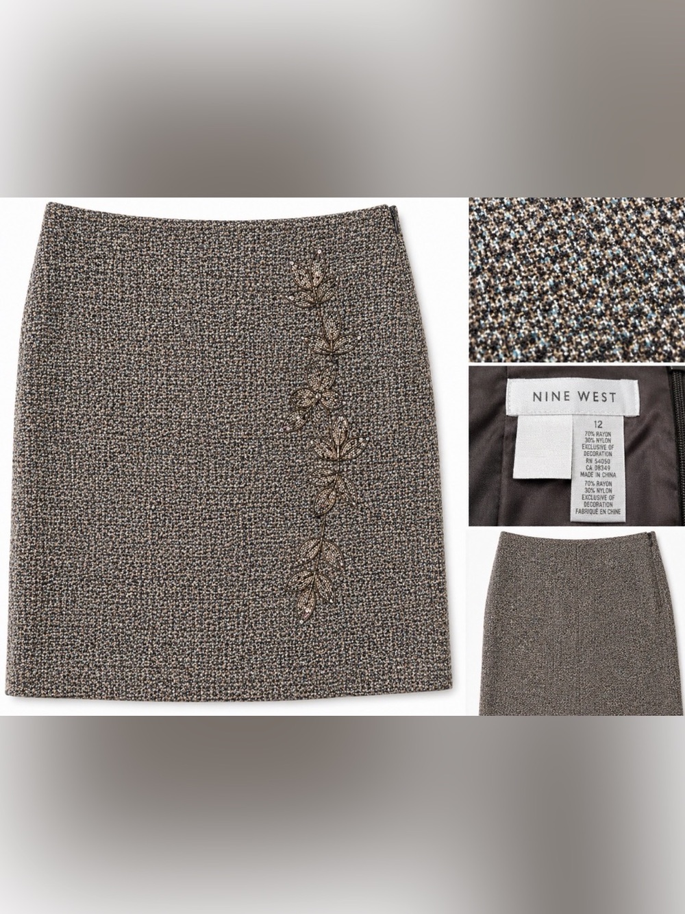 Nine West Brown Tweed Beaded Pencil Skirt Size 12 - Picture 1 of 2